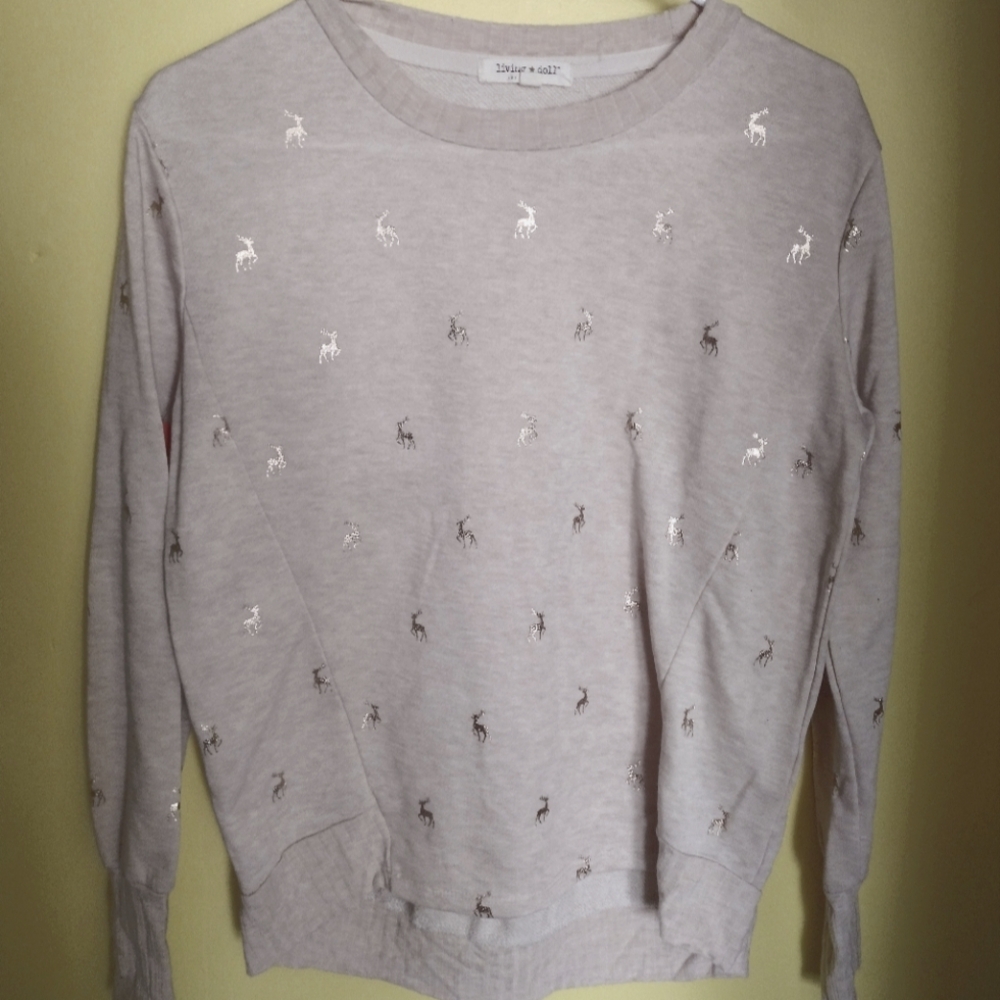 Living Doll Foil Deer Reindeer Lightweight Sweatshirt Long Sleeve Shirt size S